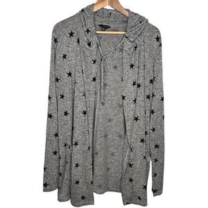 Lucky Brand Womens Size Large Open Front Hooded Wrap Cardigan Gray Stars Soft